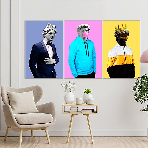 Quadros Decorativos Trio em Canvas Abstrato Estátuas Pop Art Coloridas