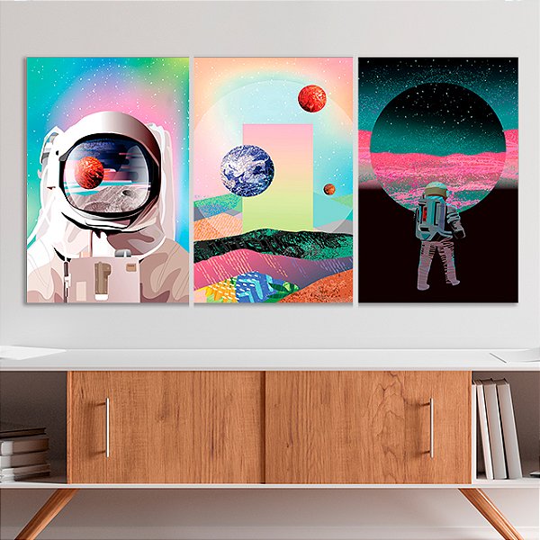 Quadros Decorativos Trio em Canvas Abstrato Astronautas Fundos Coloridos