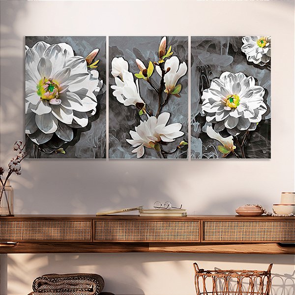 Quadros Decorativos Trio em Canvas Composição Flores Brancas