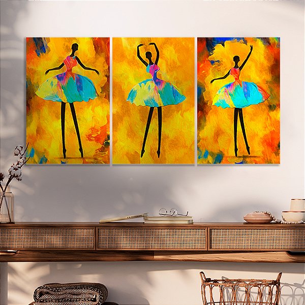Quadros Decorativos Trio em Canvas Pintura Bailarinas Vestido Colorido
