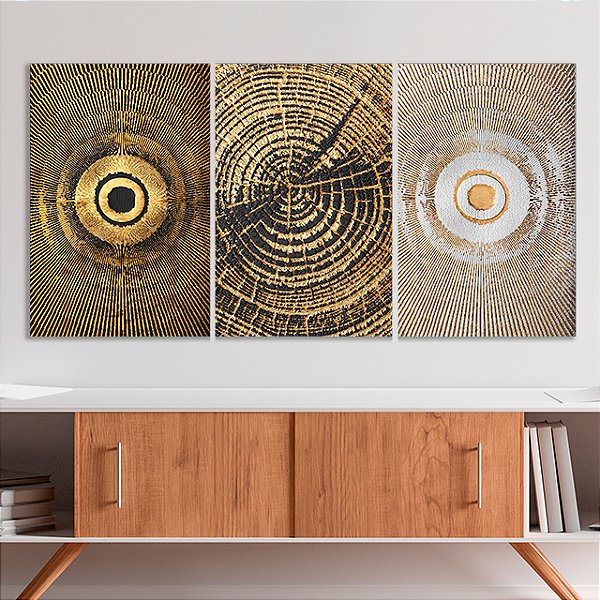 Quadros Decorativos Trio em Canvas Composição Abstrata Dourada