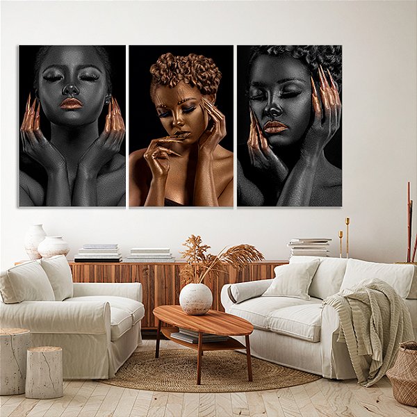 Quadros Decorativos Trio em Canvas Beleza Feminina Mulheres com Maquiagem Preta e Dourada