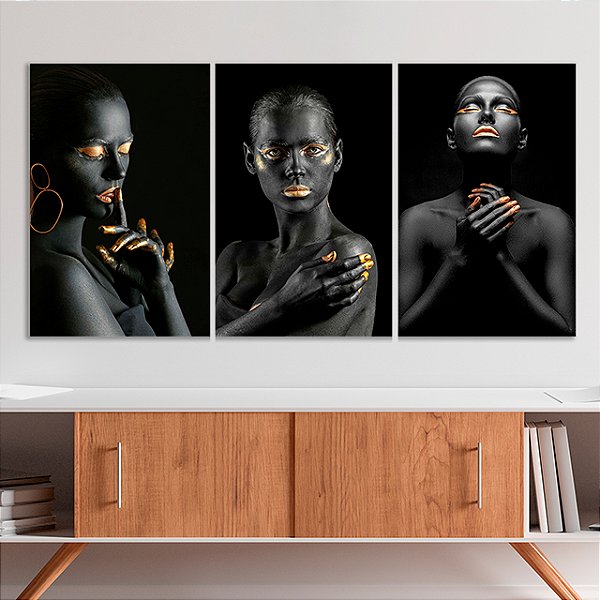 Quadros Decorativos Trio em Canvas Beleza Feminina Mulheres com Maquiagem Preta e Dourada