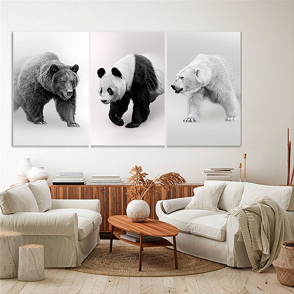 Quadros Decorativos Trio em Canvas Animais Preto e Branco Urso Pardo Panda Polar