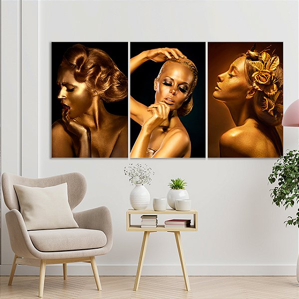 Quadros Decorativos Trio em Canvas Beleza Feminina Mulheres com Maquiagem Dourada