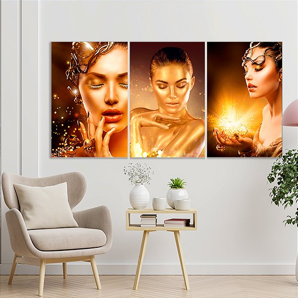 Quadros Decorativos Trio em Canvas Beleza Feminina Mulheres com Maquiagem Dourada