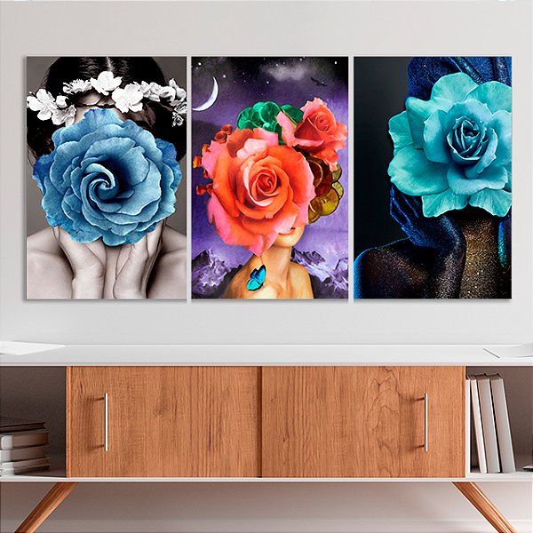 Quadros Decorativos Trio em Canvas Beleza Feminina Mulheres com Flores no Rosto