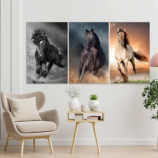 Quadros Decorativos Trio em Canvas Animais Cavalos Galopando