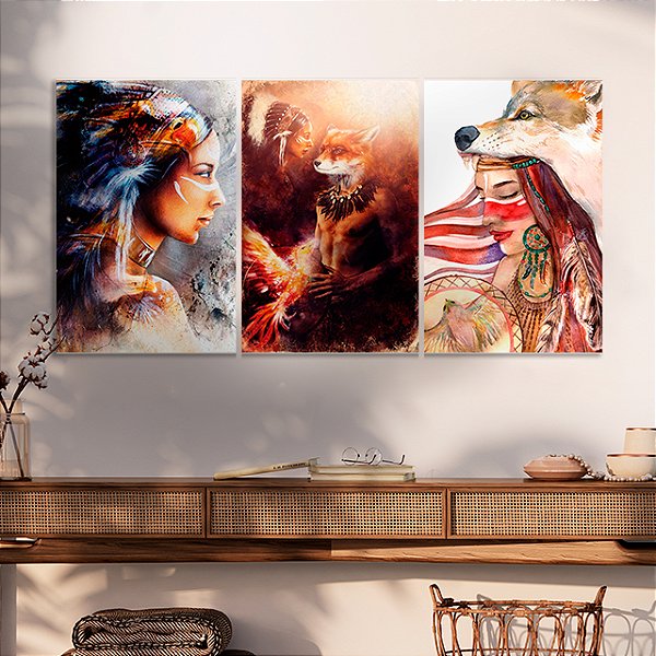 Quadros Decorativos Trio em Canvas Composição Índias com Cocar Pintura