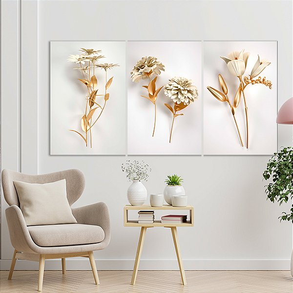 Quadros Decorativos Trio em Canvas Flores Douradas e Brancas