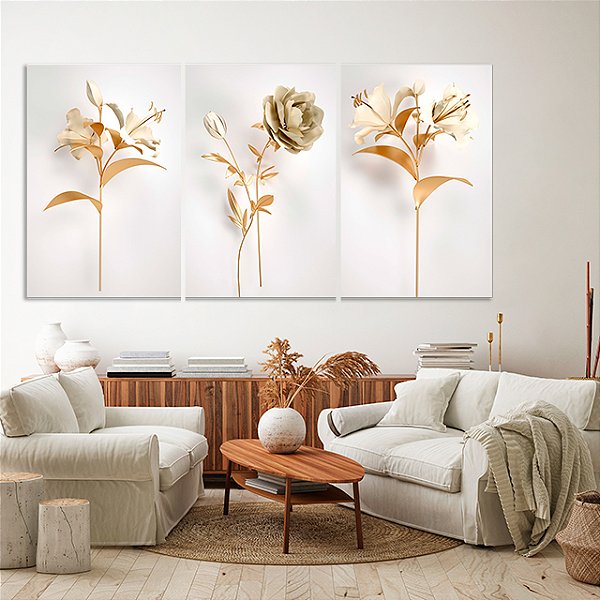 Quadros Decorativos Trio em Canvas Flores Douradas e Brancas