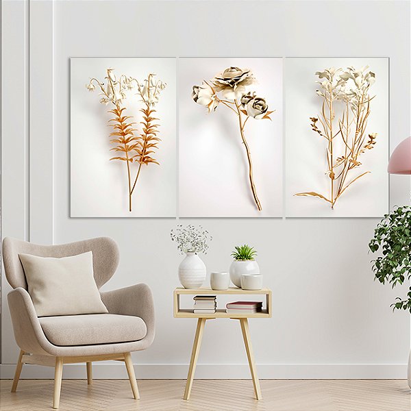 Quadros Decorativos Trio em Canvas Flores Douradas e Brancas
