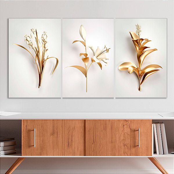 Quadros Decorativos Trio em Canvas Flores Douradas e Brancas