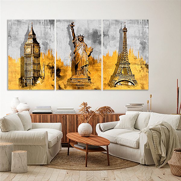 Quadros Decorativos Trio em Canvas Abstrato Monumentos Históricos