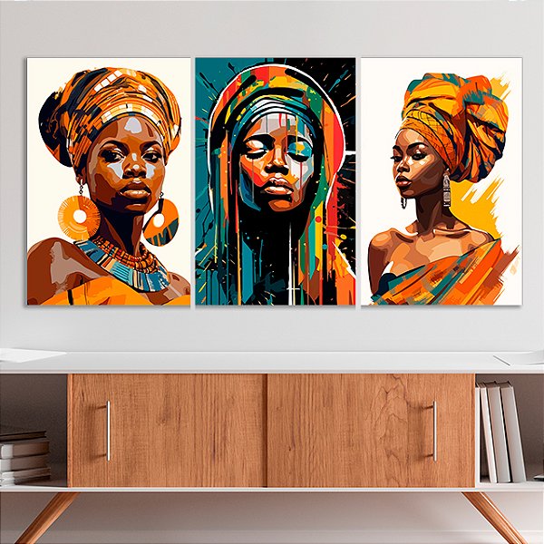 Quadros Decorativos Trio em Canvas Beleza Feminina Rostos de Mulheres Pintura