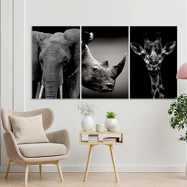 Quadros Decorativos Trio em Canvas Animais Silvstres Elefante Rinoceronte Girafa
