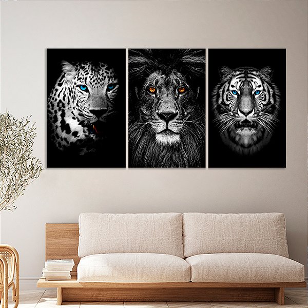 Quadros Decorativos Trio em Canvas Animais Silvestres Leão Tigre Onça Preto e Branco
