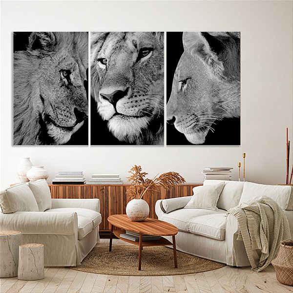Quadros Decorativos Trio em Canvas Animais Leões Preto e Branco