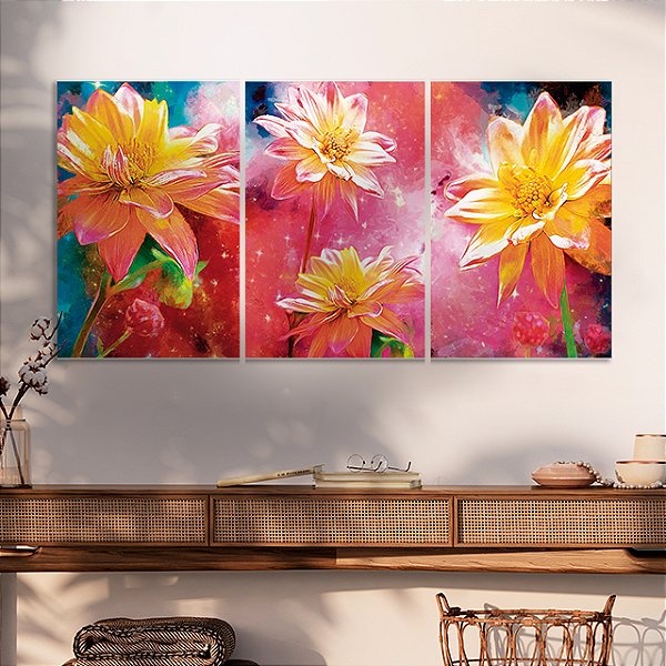 Quadros Decorativos Trio em Canvas Floral Pintura Flores Amarelas