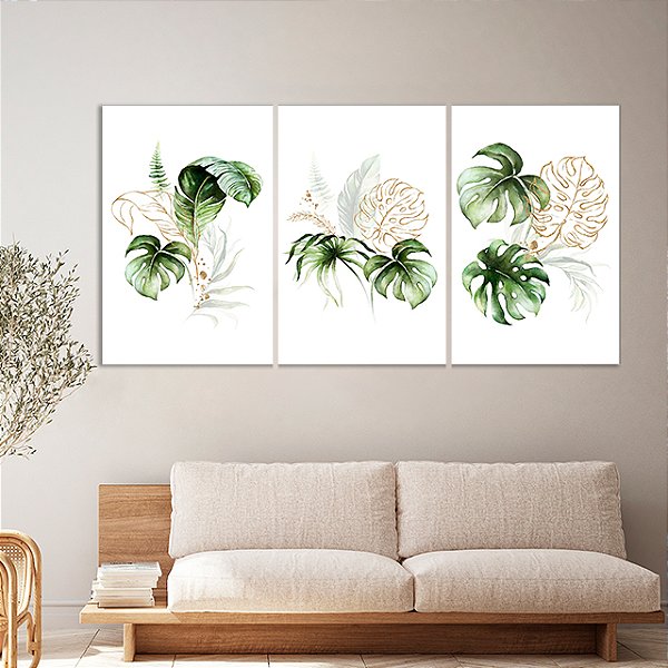 Quadros Decorativos Trio em Canvas Composição Costelas de Adão em Fundo Branco Pintura