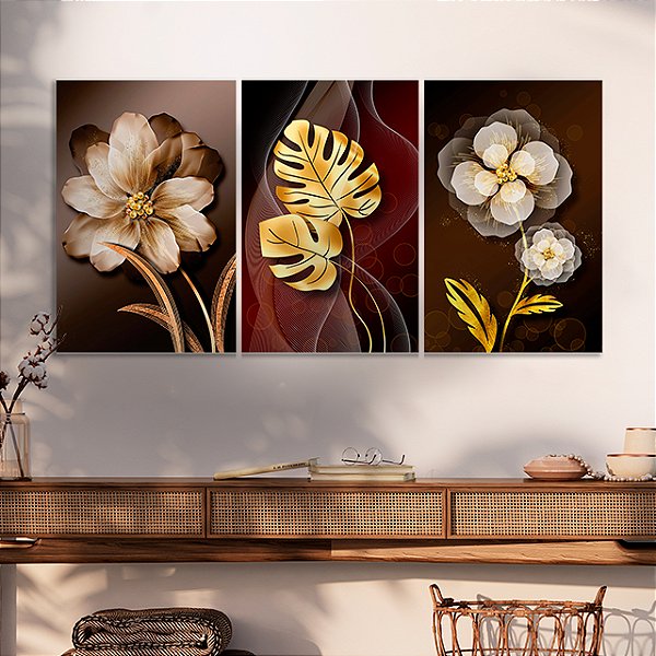 Quadros Decorativos Trio em Canvas Composição Flores Douradas e Costela de Adão