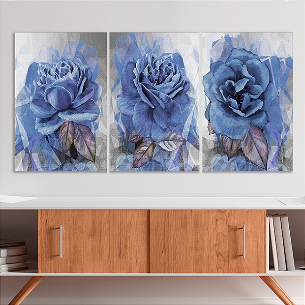 Quadros Decorativos Trio em Canvas Composição Floral Rosas Azuis