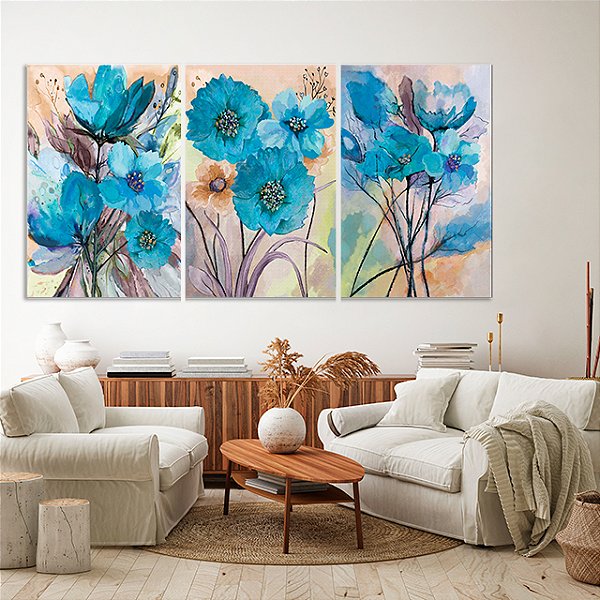 Quadros Decorativos Trio em Canvas Composição Flores Azuis Pintura