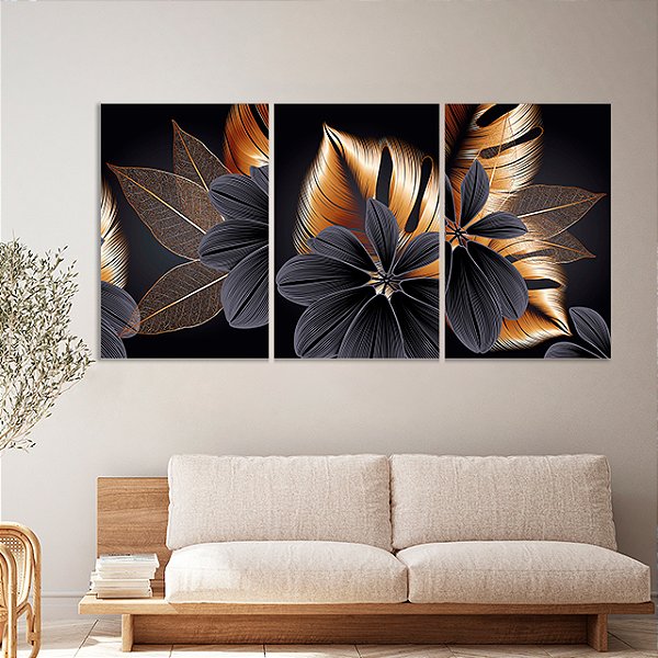 Quadros Decorativos Trio em Canvas Composição Costelas de Adão Douradas com Folhas Pretas