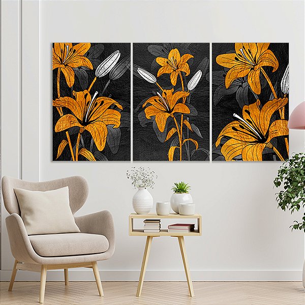 Quadros Decorativos Trio em Canvas Composição Lírios Dourados Golden