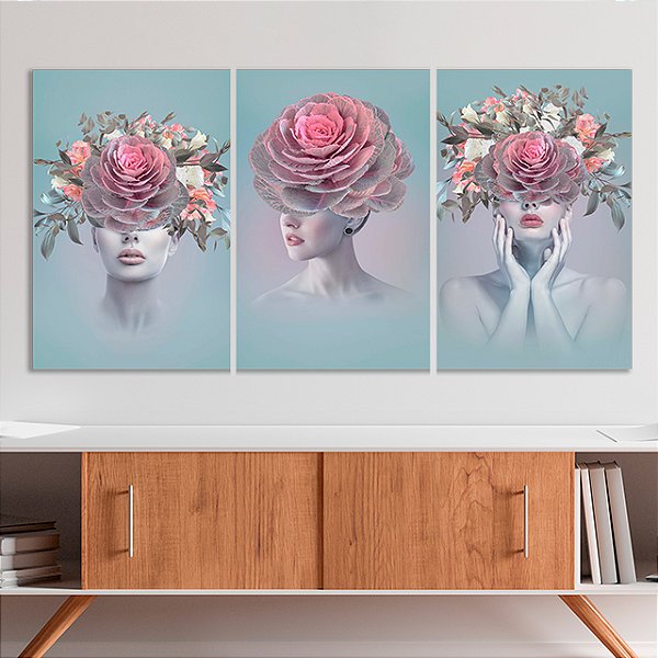 Quadros Decorativos Trio em Canvas Mulheres com Flores no Rosto