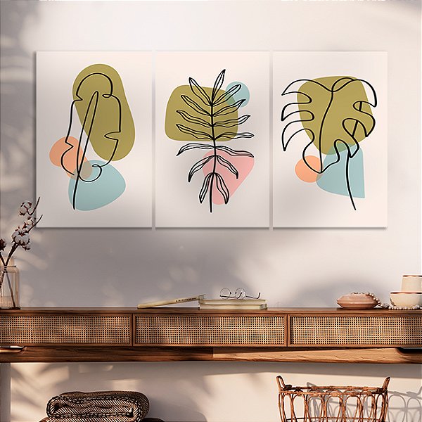 Quadros Decorativos Trio em Canvas Composição Folhas Abstratas e Formas Coloridas