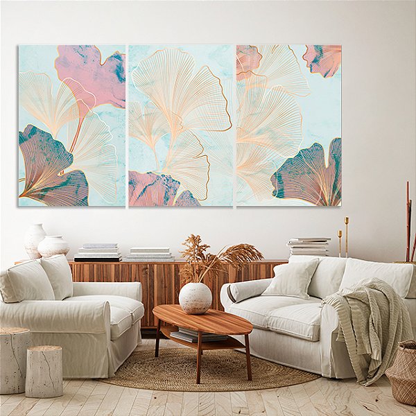 Quadros Decorativos Trio em Canvas Flores em Linhas Finas Azul Rose