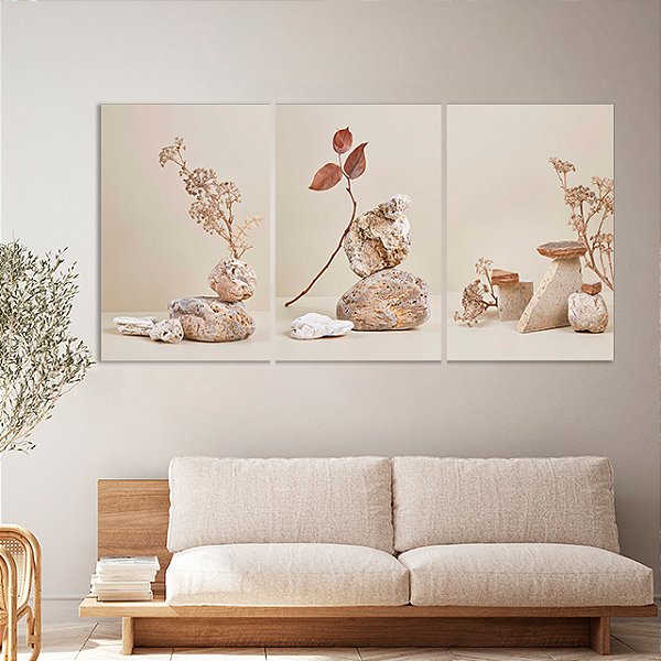 Quadros Decorativos Trio em Canvas Composição Flores Folhas e Pedras