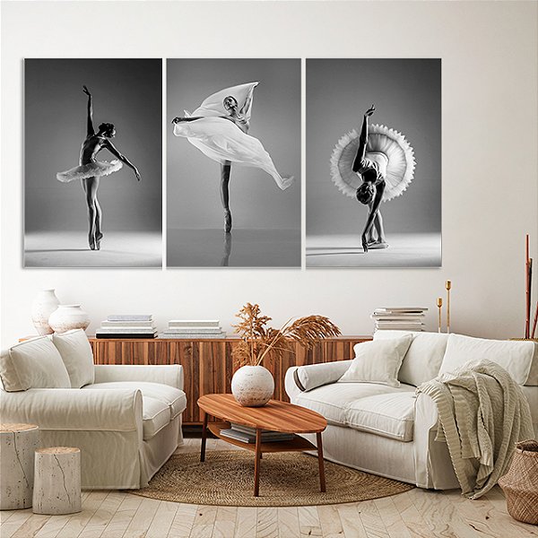 Quadros Decorativos Trio em Canvas Bailarinas Preto e Branco