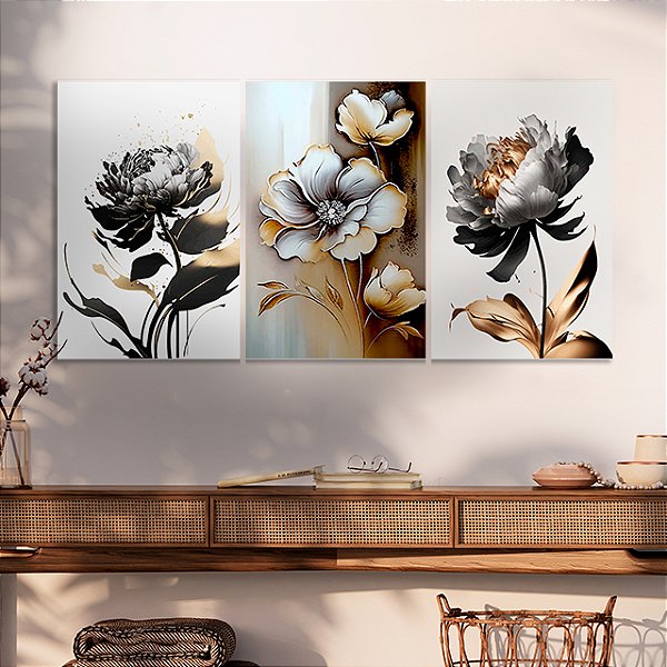 Quadros Decorativos Trio em Canvas Flores Preto e Branco Detalhes Dourados