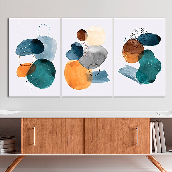 Quadros Decorativos Trio em Canvas Composição Abstrata Formas Coloridas