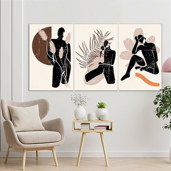 Quadros Decorativos Trio em Canvas Composição Abstrata Pessoas e Folhas