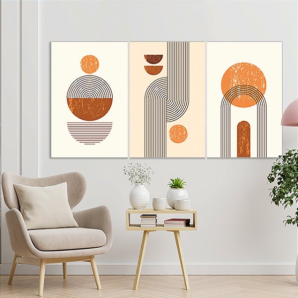 Quadros Decorativos Trio em Canvas Composição Abstrata Formas Circulares Tons Ferrosos