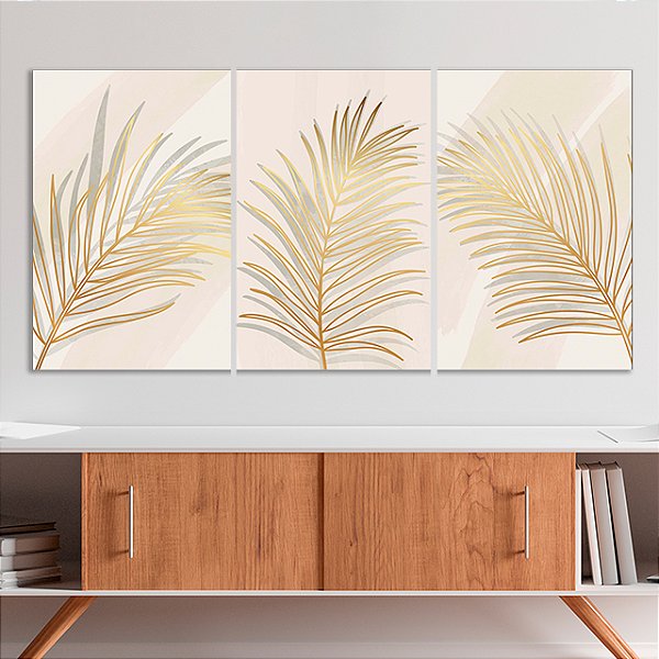 Quadros Decorativos Trio em Canvas Folhagens Douradas com Sombras