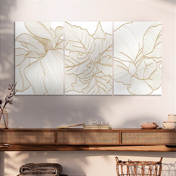 Quadros Decorativos Trio em Canvas Composição Floral com Traços Dourados