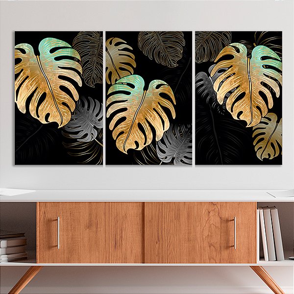 Quadros Decorativos Trio em Canvas Costelas de Adão Douradas e Pretas