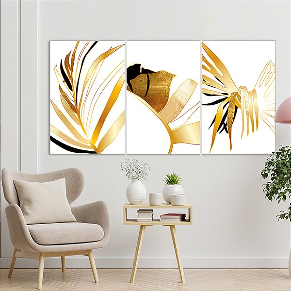 Quadros Decorativos Trio em Canvas Composição Folhagem Cores Claras