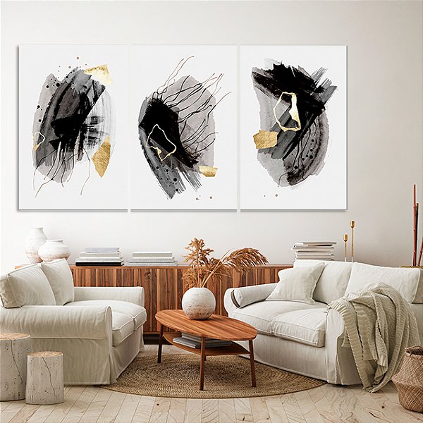 Quadros Decorativos Trio em Canvas Composição Abstrata Pincelada Cor Preta Detalhes Dourados