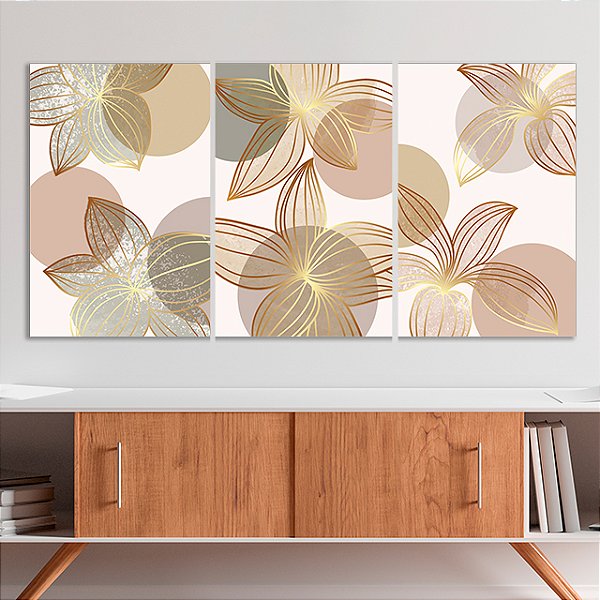 Quadros Decorativos Trio em Canvas Flores Abstratas com Detalhes Geométricos