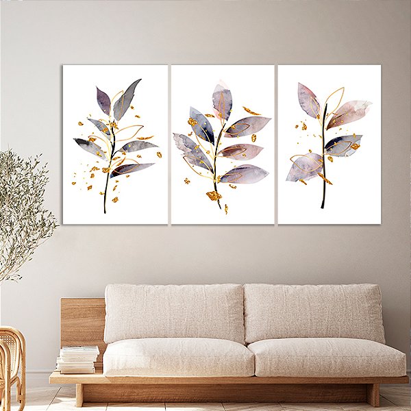 Quadros Decorativos Trio em Canvas Composição Abstrata de Folhas em Pinceladas e Traços Dourados