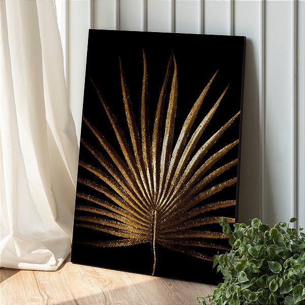Quadro Decorativo Canvas Folha de Palmeira Dourada Leque Fundo Preto Vertical