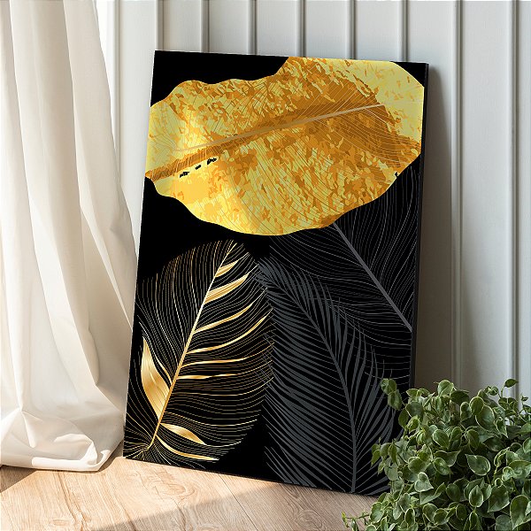 Quadro Decorativo Canvas Folhas Pretas e Douradas Golden Vertical