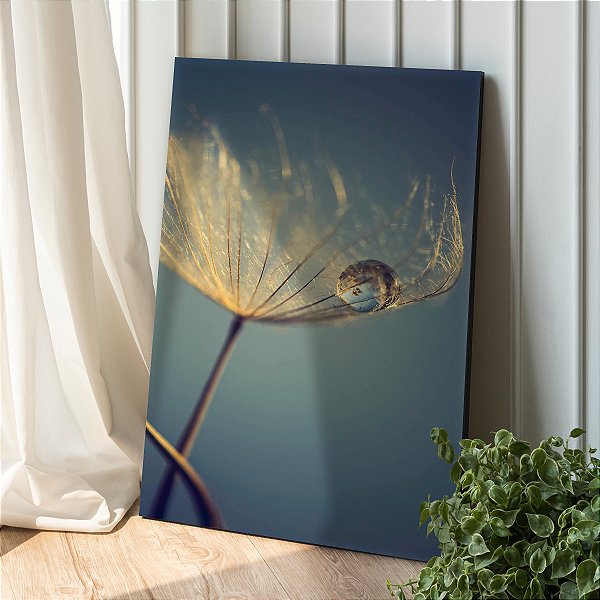 Quadro Decorativo Canvas Floral Dente de Leão com Gota D'água Fundo Azul Vertical
