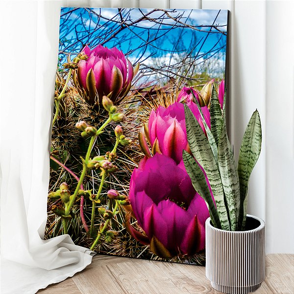 Quadro Decorativo Canvas Floral Cactos com Flor Rosa Vertical
