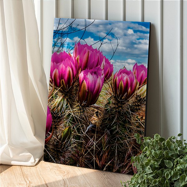 Quadro Decorativo Canvas Floral Cactos com Flor Rosa Vertical
